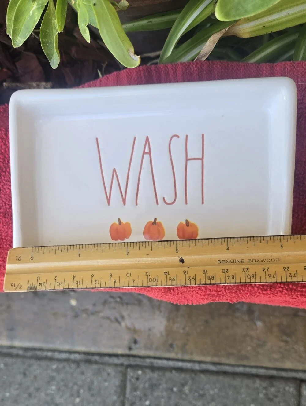 Rae Dunn Cream 'Wash' Bath Soap Dish with Orange Pumpkin Accents